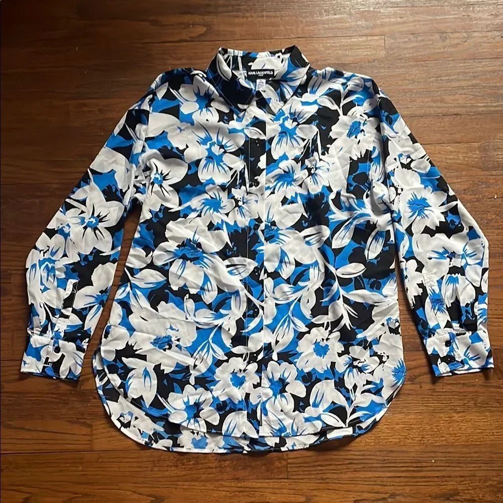 Karl Lagerfeld Blue and White Floral Button Down Blouse NWT